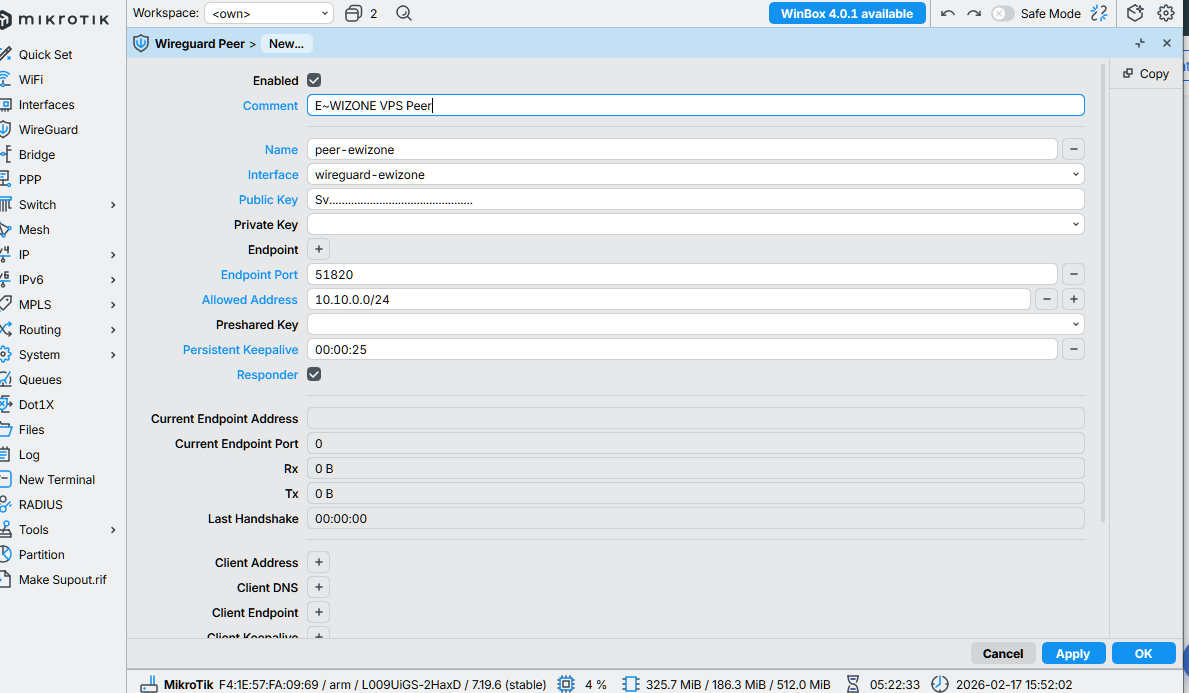 Ajout du Peer WireGuard E~WIZONE dans Winbox