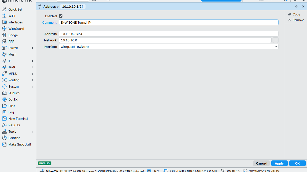 Configuration adresse IP tunnel WireGuard