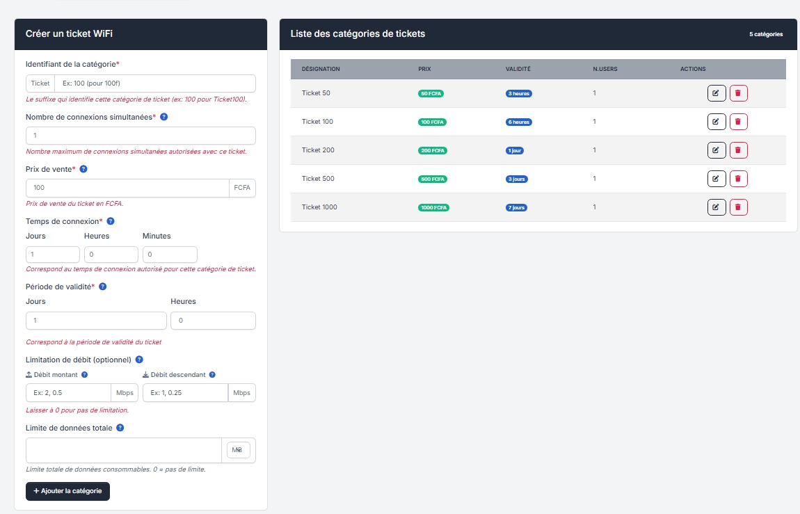 Liste des catégories de tickets