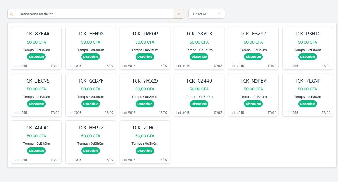 Sélection d'un ticket à vendre